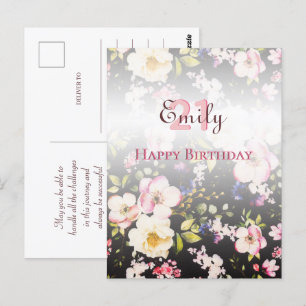 Waterverf Roze & Gele Rozen op Zwart, Verjaardag Briefkaart