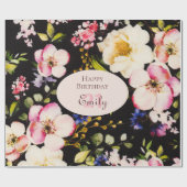 Waterverf Roze & Gele Rozen op Zwart, Verjaardag Cadeaupapier (Vlak)