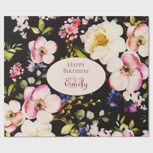 Waterverf Roze & Gele Rozen op Zwart, Verjaardag Cadeaupapier (Vlak)