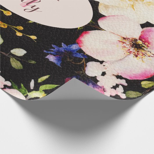 Waterverf Roze & Gele Rozen op Zwart, Verjaardag Cadeaupapier (Hoek)