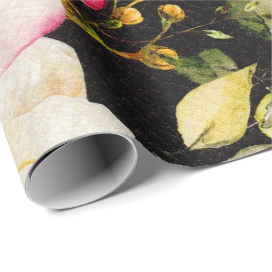 Waterverf Roze & Gele Rozen op Zwart, Verjaardag Cadeaupapier (Rol Hoek)