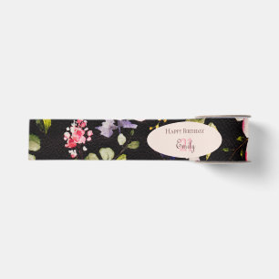 Waterverf Roze & Gele Rozen op Zwart, Verjaardag Grosgrain Lint