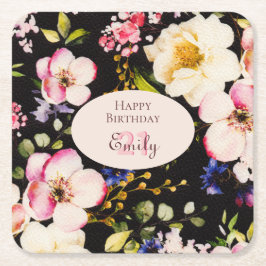 Waterverf Roze & Gele Rozen op Zwart, Verjaardag Kartonnen Onderzetters