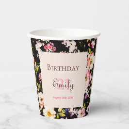 Waterverf Roze & Gele Rozen op Zwart, Verjaardag Papieren Bekers