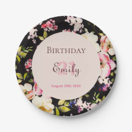 Waterverf Roze & Gele Rozen op Zwart, Verjaardag Papieren Bordje