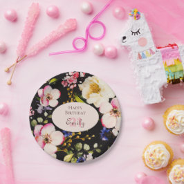 Waterverf Roze & Gele Rozen op Zwart, Verjaardag Papieren Bordje