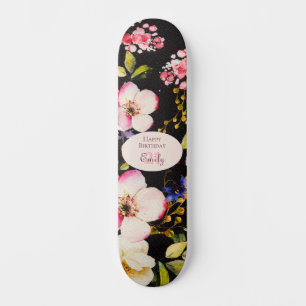 Waterverf Roze & Gele Rozen op Zwart, Verjaardag Persoonlijk Skateboard