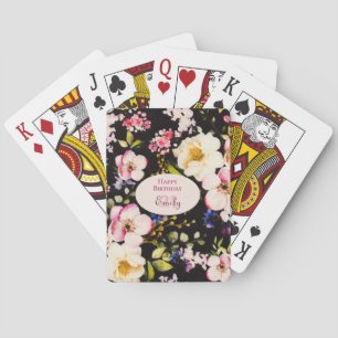Waterverf Roze & Gele Rozen op Zwart, Verjaardag Pokerkaarten