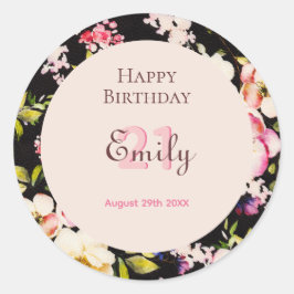 Waterverf Roze & Gele Rozen op Zwart, Verjaardag Ronde Sticker