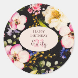 Waterverf Roze & Gele Rozen op Zwart, Verjaardag Ronde Sticker