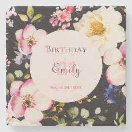 Waterverf Roze & Gele Rozen op Zwart, Verjaardag Stenen Onderzetter