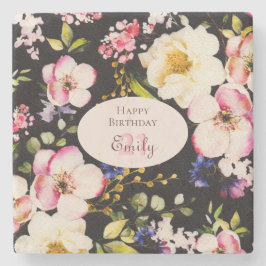 Waterverf Roze & Gele Rozen op Zwart, Verjaardag Stenen Onderzetter