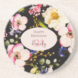 Waterverf Roze & Gele Rozen op Zwart, Verjaardag Zandsteen Onderzetter