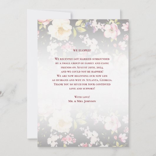 Waterverf Roze Gele Rozen, zwart wazig, Bruiloft Aankondiging (Achterkant)