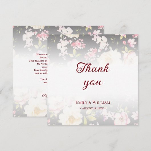 Waterverf Roze Gele Rozen, zwart wazig, Bruiloft Bedankkaart (Voorkant / Achterkant)