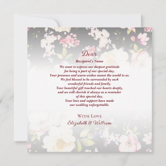 Waterverf Roze Gele Rozen, zwart wazig, Bruiloft Bedankkaart (Achterkant)