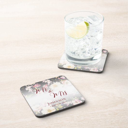 Waterverf Roze Gele Rozen, zwart wazig, Bruiloft Bier Onderzetter (Rechterzijde)