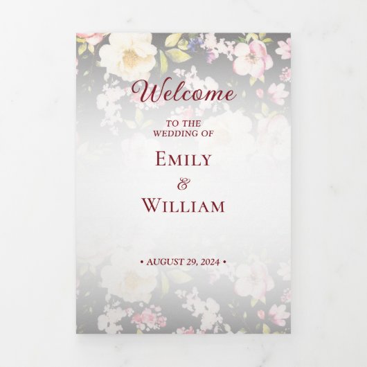 Waterverf Roze Gele Rozen, zwart wazig, Bruiloft Drieluik Programma (Cover)