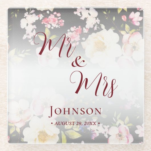 Waterverf Roze Gele Rozen, zwart wazig, Bruiloft Glazen Onderzetter (Voorkant)