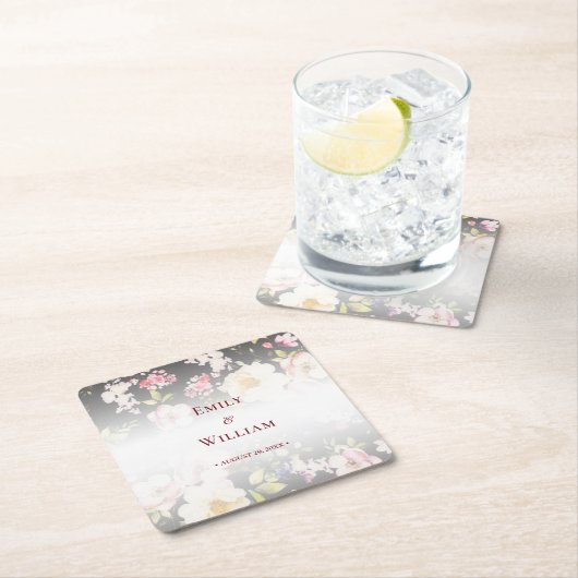 Waterverf Roze Gele Rozen, zwart wazig, Bruiloft Kartonnen Onderzetters (Insitu)