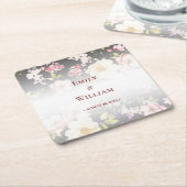 Waterverf Roze Gele Rozen, zwart wazig, Bruiloft Kartonnen Onderzetters (Schuin)