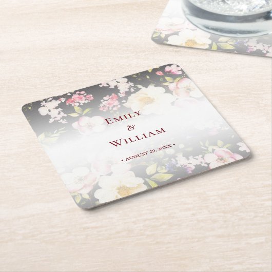 Waterverf Roze Gele Rozen, zwart wazig, Bruiloft Kartonnen Onderzetters (Schuin)