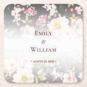 Waterverf Roze Gele Rozen, zwart wazig, Bruiloft Kartonnen Onderzetters (Voorkant)