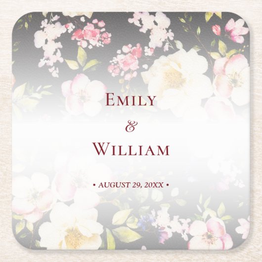 Waterverf Roze Gele Rozen, zwart wazig, Bruiloft Kartonnen Onderzetters (Voorkant)