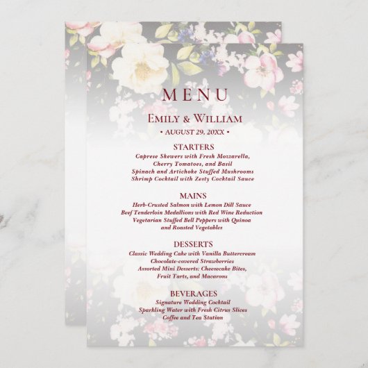 Waterverf Roze Gele Rozen, zwart wazig, Bruiloft Menu (Voorkant / Achterkant)