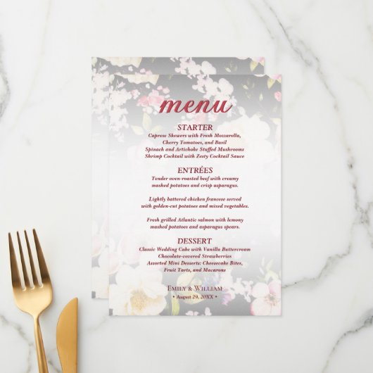 Waterverf Roze Gele Rozen, zwart wazig, Bruiloft Menu (Voorkant / Achterkant in situ)