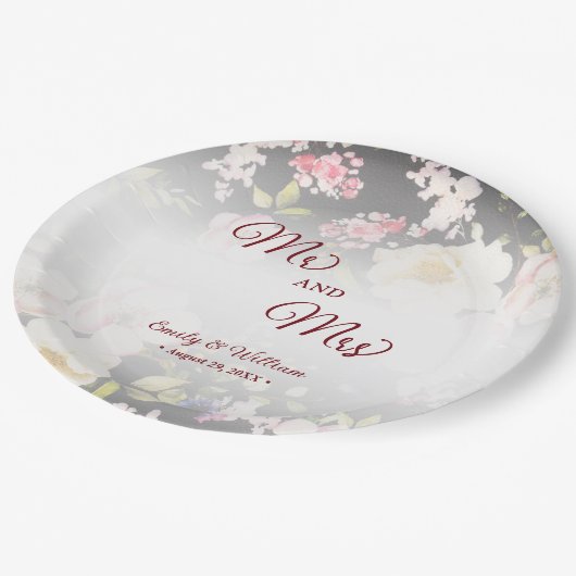 Waterverf Roze Gele Rozen, zwart wazig, Bruiloft Papieren Bordje (Gekanteld)