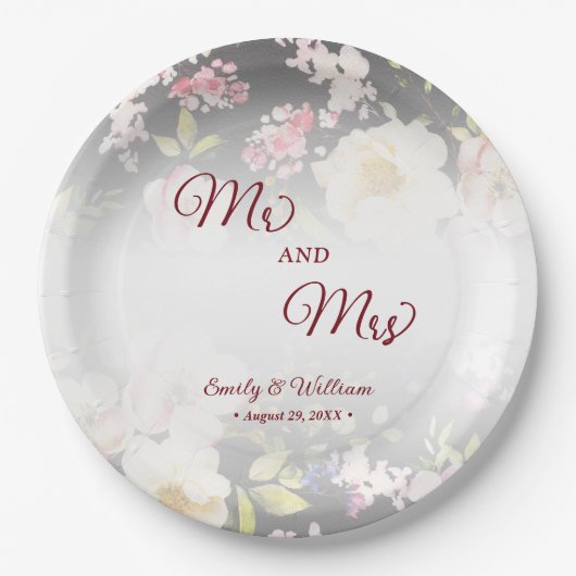 Waterverf Roze Gele Rozen, zwart wazig, Bruiloft Papieren Bordje (Voorkant)