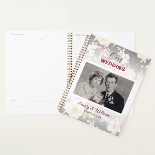 Waterverf Roze Gele Rozen, zwart wazig, Bruiloft Planner (Display)
