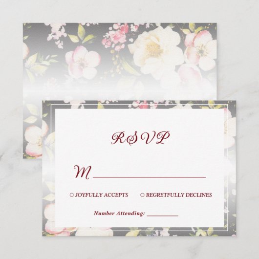 Waterverf Roze Gele Rozen, zwart wazig, Bruiloft RSVP Kaartje (Voorkant / Achterkant)