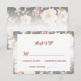 Waterverf Roze Gele Rozen, zwart wazig, Bruiloft RSVP Kaartje