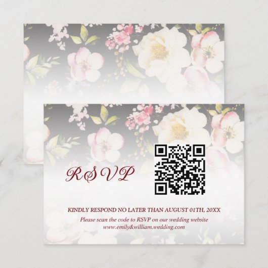 Waterverf Roze Gele Rozen, zwart wazig, Bruiloft RSVP Kaartje (Voorkant / Achterkant)