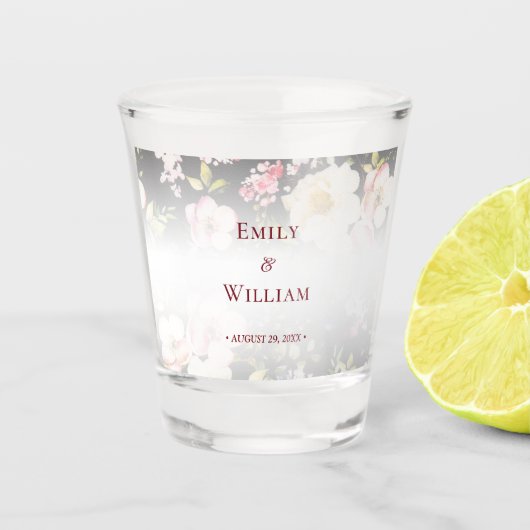 Waterverf Roze Gele Rozen, zwart wazig, Bruiloft Shot Glas (Voorkant)