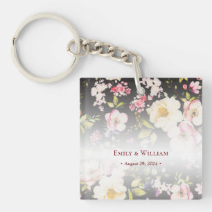 Waterverf Roze Gele Rozen, zwart wazig, Bruiloft Sleutelhanger