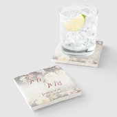 Waterverf Roze Gele Rozen, zwart wazig, Bruiloft Stenen Onderzetter (Zijkant)