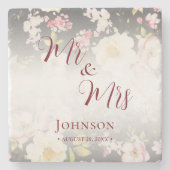 Waterverf Roze Gele Rozen, zwart wazig, Bruiloft Stenen Onderzetter (Voorkant)