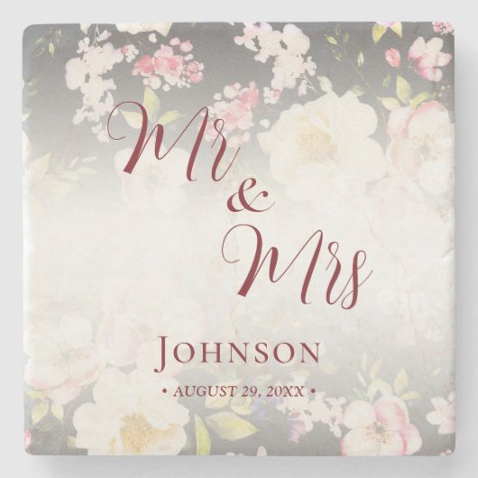 Waterverf Roze Gele Rozen, zwart wazig, Bruiloft Stenen Onderzetter (Voorkant)