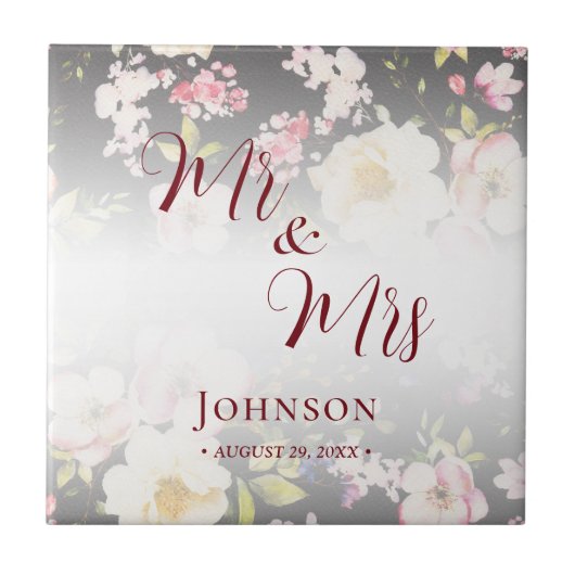 Waterverf Roze Gele Rozen, zwart wazig, Bruiloft Tegeltje (Voorkant)