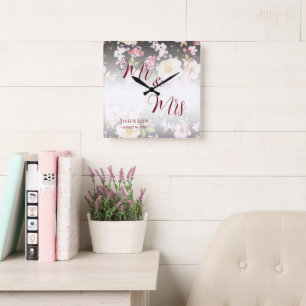 Waterverf Roze Gele Rozen, zwart wazig, Bruiloft Vierkante Klok