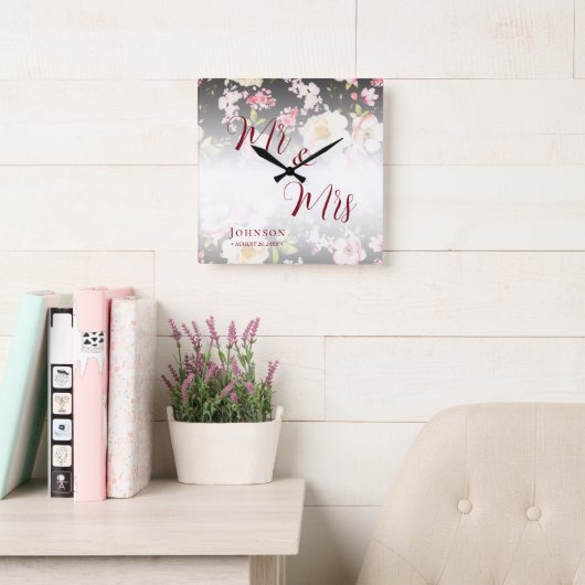 Waterverf Roze Gele Rozen, zwart wazig, Bruiloft Vierkante Klok (Leeskamer)