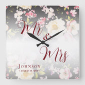 Waterverf Roze Gele Rozen, zwart wazig, Bruiloft Vierkante Klok (Voorkant)