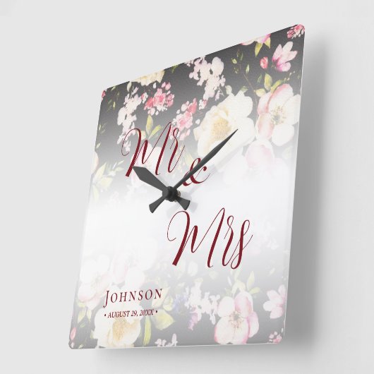 Waterverf Roze Gele Rozen, zwart wazig, Bruiloft Vierkante Klok (Hoek)