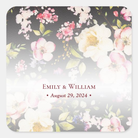 Waterverf Roze Gele Rozen, zwart wazig, Bruiloft Vierkante Sticker (Voorkant)