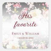 Waterverf Roze Gele Rozen, zwart wazig, Bruiloft Vierkante Sticker (Voorkant)