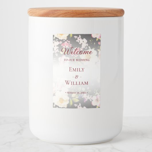 Waterverf Roze Gele Rozen, zwart wazig, Bruiloft Voedselcontainer Etiket (Voorkant)