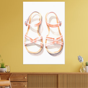 Waterverf Roze Gestreepte Zomer Sandalen Kunst Canvas Afdruk